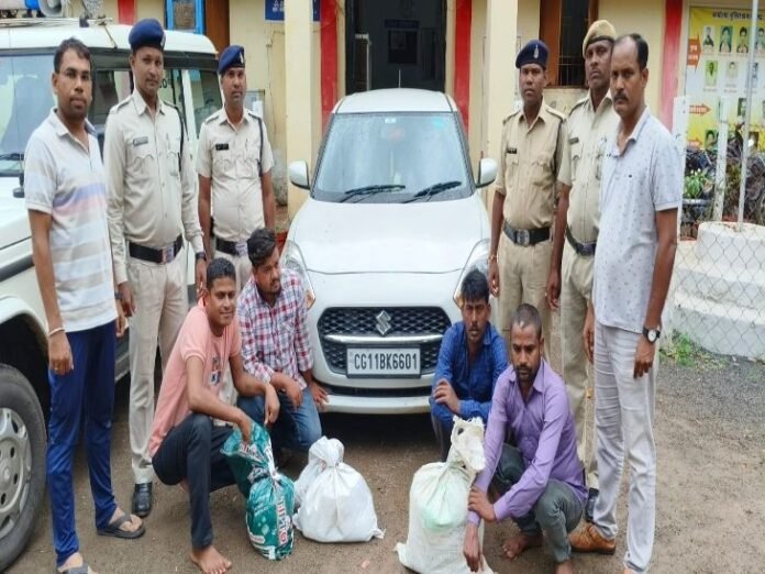 जांजगीर में गांजा तस्करी करते 5 आरोपी गिरफ्तार:  कार से 2 लाख से अधिक का गांजा बरामद, ग्राहक की तलाश करते युवक भी पकड़ाया - janjgir champa News