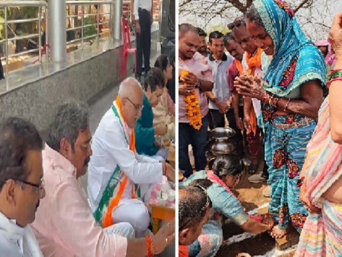 कांग्रेस ने बोरेबासी तो बीजेपी ने मनाया मजदूर दिवस:  जिला पंचायत अध्यक्ष ने मजदूरों के धोए पैर, पूर्व सीएम ने खाया बासी - durg-bhilai News