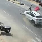 जयपुर में कार ने बाइक सवार दंपती को उड़ाया, VIDEO:रोड क्रॉस करते समय मारी टक्कर, 20 फीट दूर उछलकर दूर जा गिरे